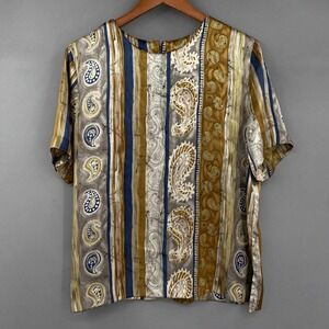 Vtg 80s Graff Paisley Stripe Blouse Womens Sz 16 Gold  Maximalist Silky